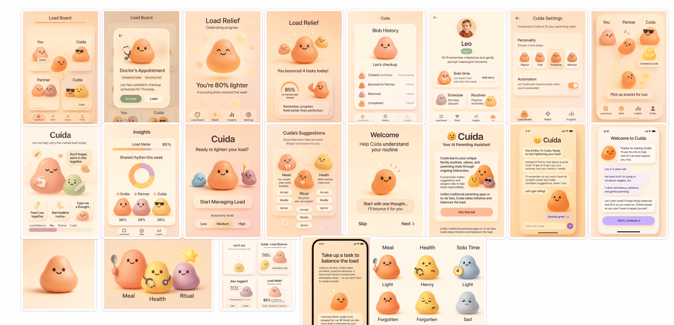 Screenshots of the Cuida app: a load board showing tasks carried by small colour-coded blob characters split between household members.