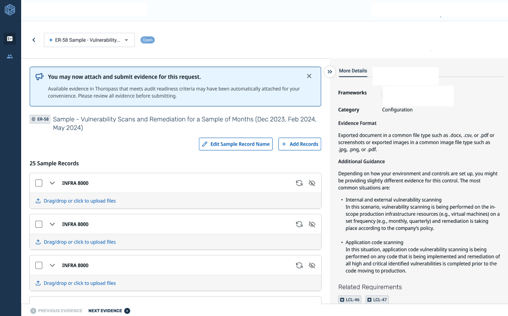 Prototype of a sample record review screen, showing the evidence upload flow, sample status, and related requirements panel.